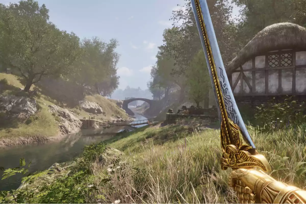 Paisaje natural con un río, árboles y una casa de campo, en primer plano una mano con armadura dorada sostiene una espada decorada Paisaje natural con un río, árboles y una casa de campo, en primer plano una mano con armadura dorada sostiene una espada decorada