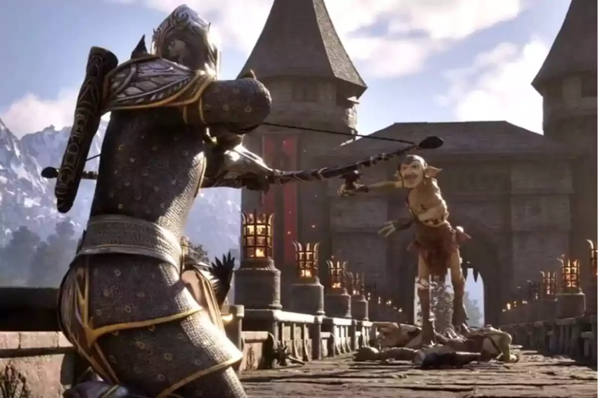 Un caballero con armadura apunta con un arco a un goblin gigante en un puente frente a un castillo medieval Un caballero con armadura apunta con un arco a un goblin gigante en un puente frente a un castillo medieval