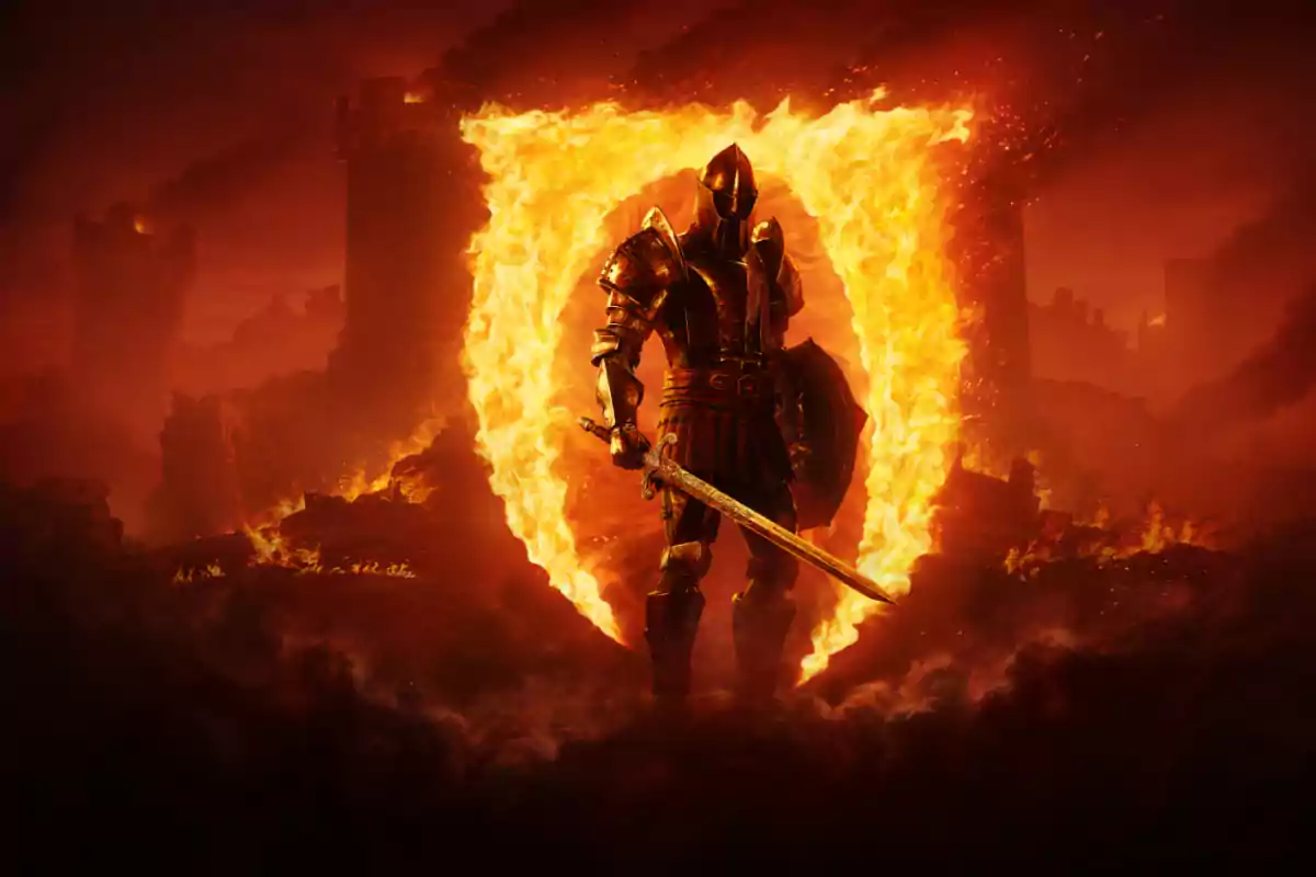 Guerrero medieval con armadura de pie frente a un escudo de fuego en un paisaje de castillos en ruinas y llamas