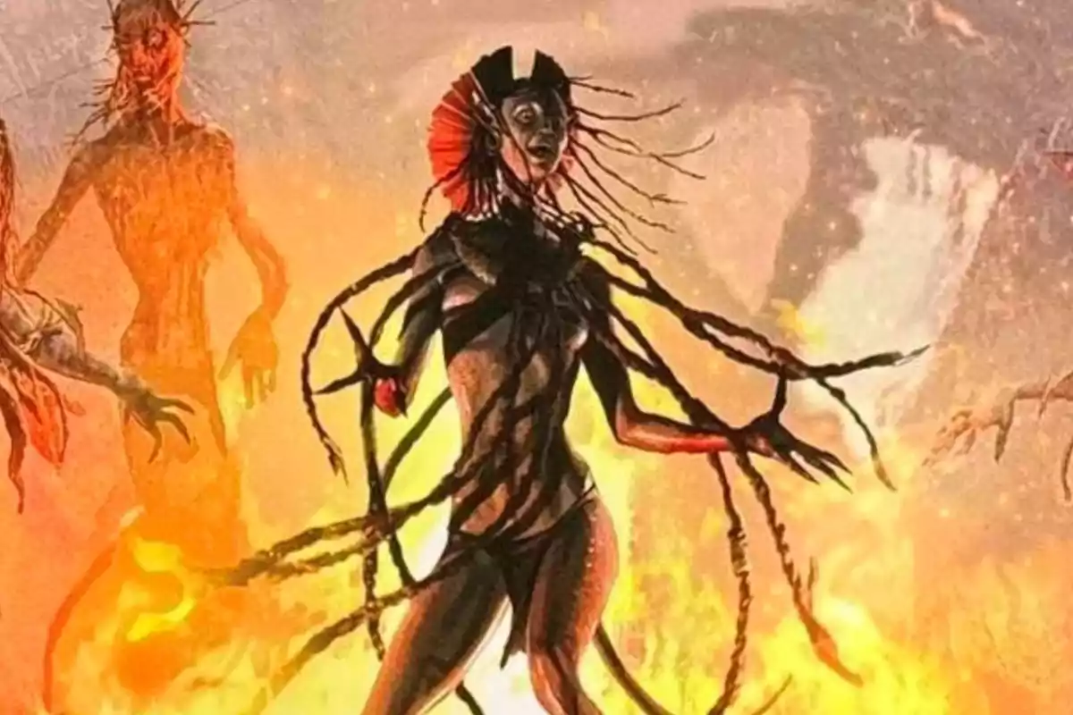 Criatura humanoide de aspecto oscuro con tentáculos saliendo de su cuerpo rodeada de fuego y figuras siniestras al fondo Criatura humanoide de aspecto oscuro con tentáculos saliendo de su cuerpo rodeada de fuego y figuras siniestras al fondo