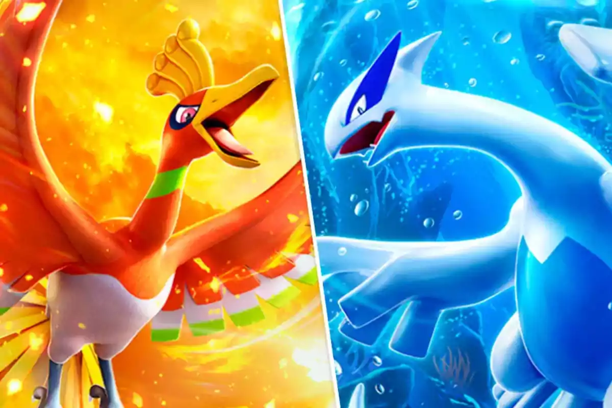 Dos Pokémon legendarios, Ho-Oh rodeado de fuego y Lugia rodeado de agua, enfrentándose en una imagen dividida en dos colores, naranja y azul. Dos Pokémon legendarios, Ho-Oh rodeado de fuego y Lugia rodeado de agua, enfrentándose en una imagen dividida en dos colores, naranja y azul.
