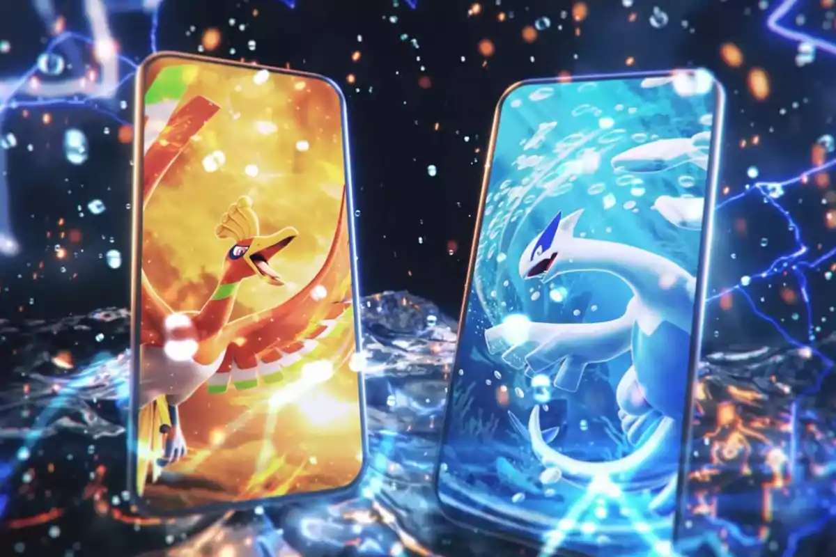 Dos teléfonos móviles muestran a los Pokémon legendarios Ho-Oh y Lugia en un entorno digital con efectos de agua y electricidad Dos teléfonos móviles muestran a los Pokémon legendarios Ho-Oh y Lugia en un entorno digital con efectos de agua y electricidad