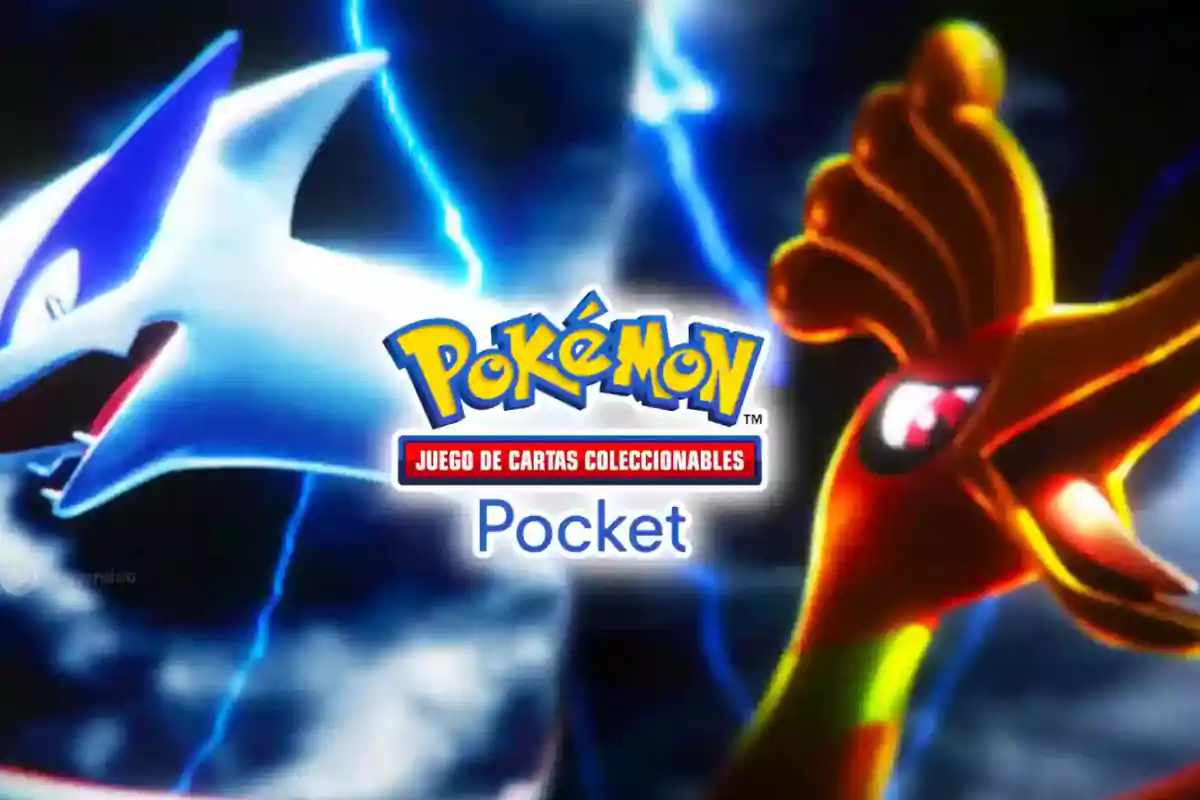 Lugia y Ho-Oh enfrentándose con el logo de Pokémon Juego de Cartas Coleccionables Pocket en el centro sobre un fondo de rayos azules.