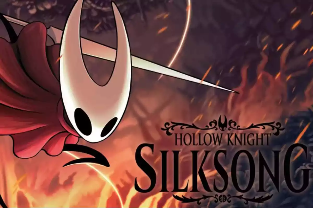 Personaje con máscara blanca y capa roja sosteniendo una aguja, junto al título Hollow Knight Silksong sobre un fondo oscuro con destellos naranjas