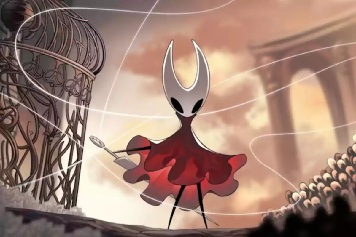 Personaje de videojuego con vestido rojo y máscara blanca de cuernos en un entorno fantástico con estructuras metálicas y fondo de cielo cálido Personaje de videojuego con vestido rojo y máscara blanca de cuernos en un entorno fantástico con estructuras metálicas y fondo de cielo cálido