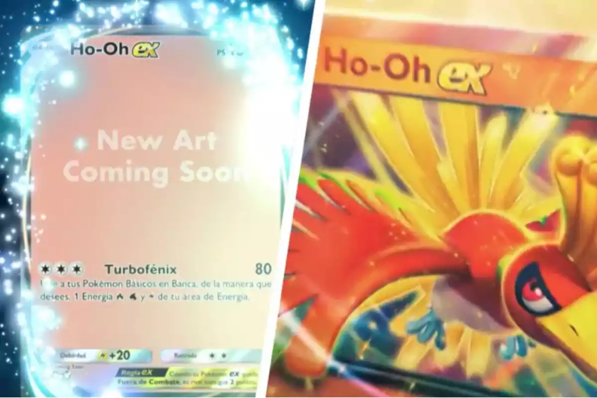 Comparación de dos cartas de Ho-Oh ex de Pokémon, una con arte pendiente de revelar y la otra con ilustración colorida del Pokémon.