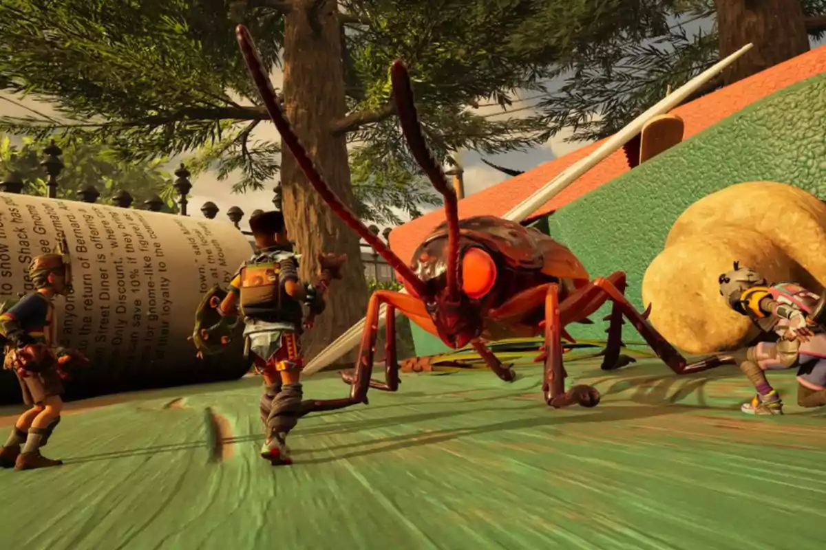 Three tiny armed children face a giant insect in a garden setting with oversized everyday objects around them. Three tiny armed children face a giant insect in a garden setting with oversized everyday objects around them.