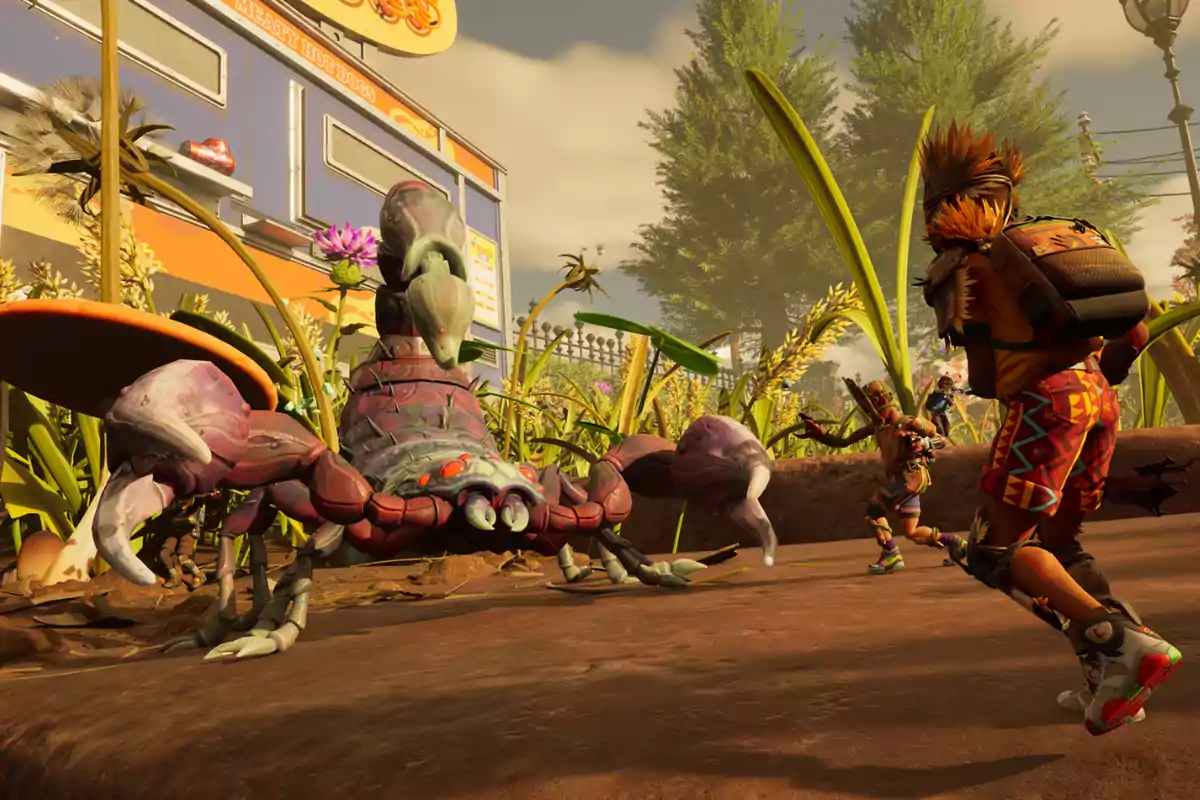 A giant scorpion faces several tiny characters in a garden with vegetation and a trailer in the background. A giant scorpion faces several tiny characters in a garden with vegetation and a trailer in the background.