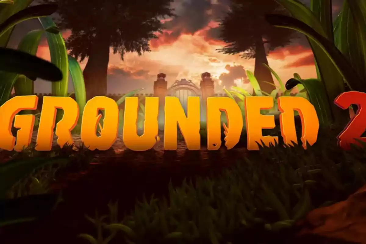 Grounded 2 logo in large yellow letters surrounded by grass and plants, with a sunset background and a door in the distance