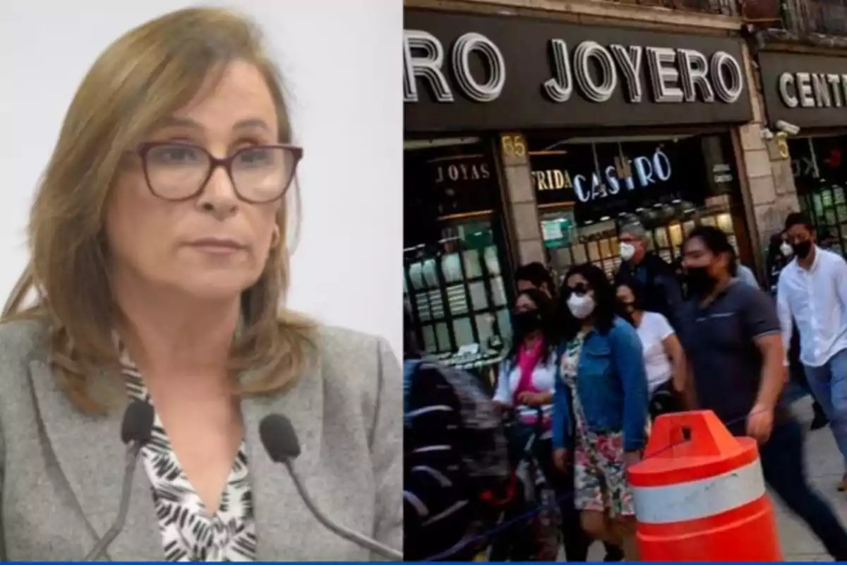 Woman with glasses and a gray blazer in front of microphones next to an image of people walking down a shopping street with a jewelry store sign in the background