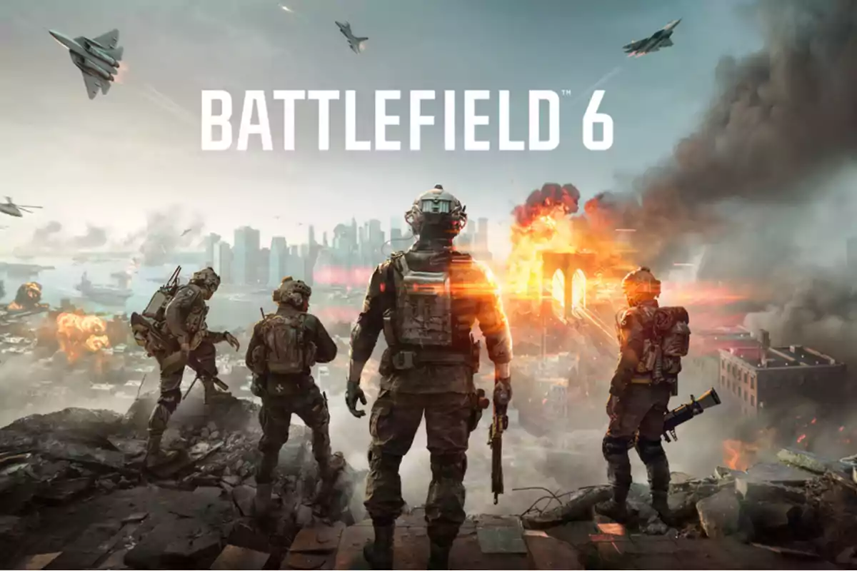 Cuatro soldados armados observan una ciudad en ruinas con explosiones y aviones de combate en el cielo bajo el título Battlefield 6
