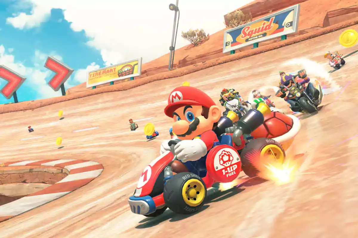Mario conduce un kart rojo en una pista curva mientras varios personajes lo siguen en una carrera llena de monedas y acción Mario conduce un kart rojo en una pista curva mientras varios personajes lo siguen en una carrera llena de monedas y acción