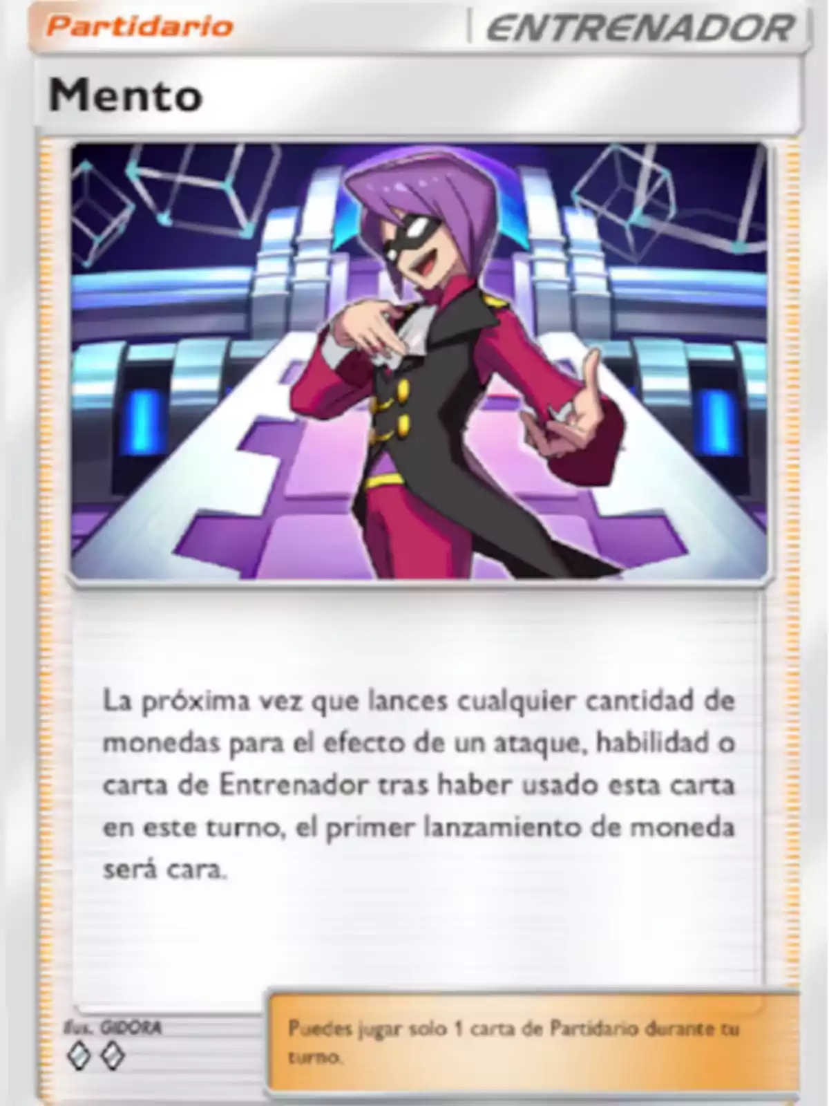 Carta de entrenador de Pokémon llamada Mento con un personaje de cabello morado, antifaz negro y traje elegante en un escenario futurista Carta de entrenador de Pokémon llamada Mento con un personaje de cabello morado, antifaz negro y traje elegante en un escenario futurista