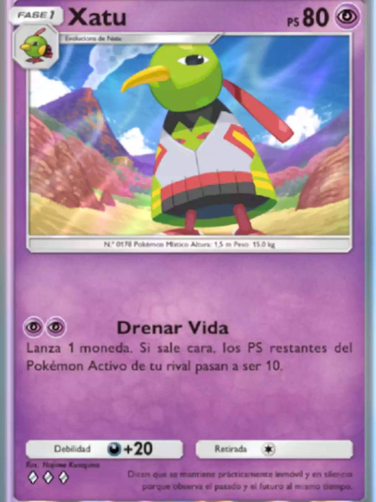 Carta de Pokémon Xatu con fondo de paisaje colorido y detalles de sus habilidades y puntos de salud en la parte superior derecha Carta de Pokémon Xatu con fondo de paisaje colorido y detalles de sus habilidades y puntos de salud en la parte superior derecha