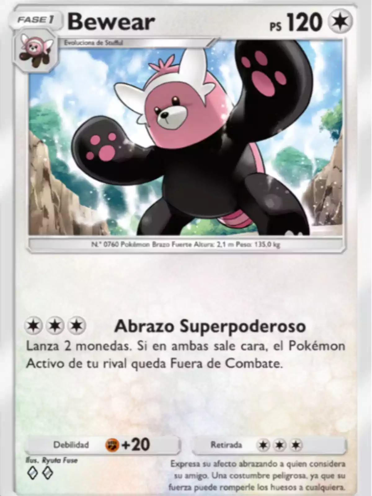 Carta de Pokémon de Bewear con 120 puntos de salud, fondo de cielo azul y árboles, el Pokémon aparece con los brazos abiertos y expresión amigable, el ataque principal se llama Abrazo Superpoderoso y la carta tiene detalles de debilidad, retirada y una breve descripción en la parte inferior Carta de Pokémon de Bewear con 120 puntos de salud, fondo de cielo azul y árboles, el Pokémon aparece con los brazos abiertos y expresión amigable, el ataque principal se llama Abrazo Superpoderoso y la carta tiene detalles de debilidad, retirada y una breve descripción en la parte inferior
