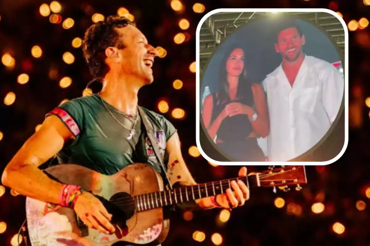 Un cantante sonriente toca la guitarra en el escenario con luces desenfocadas al fondo y en la esquina superior derecha aparece una pareja observando el espectáculo