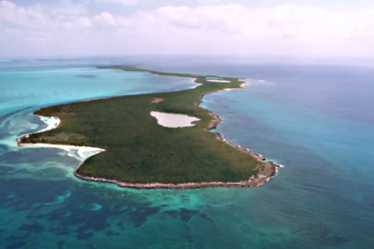Isla rodeada de aguas turquesa y vegetación vista desde el aire Isla rodeada de aguas turquesa y vegetación vista desde el aire
