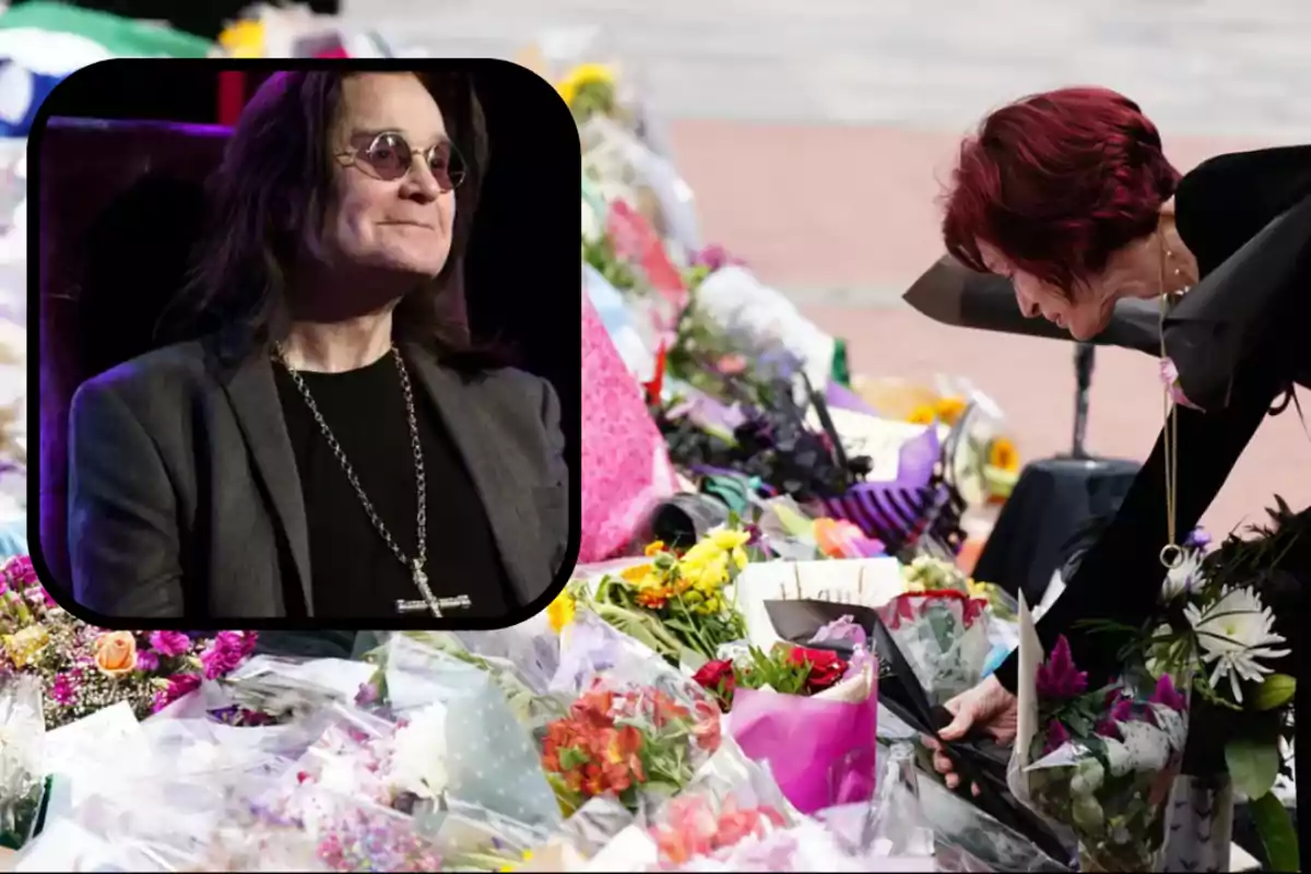 A red-haired woman places flowers at a memorial filled with bouquets and messages, while in a box appears a long-haired man wearing dark glasses and a cross necklace.