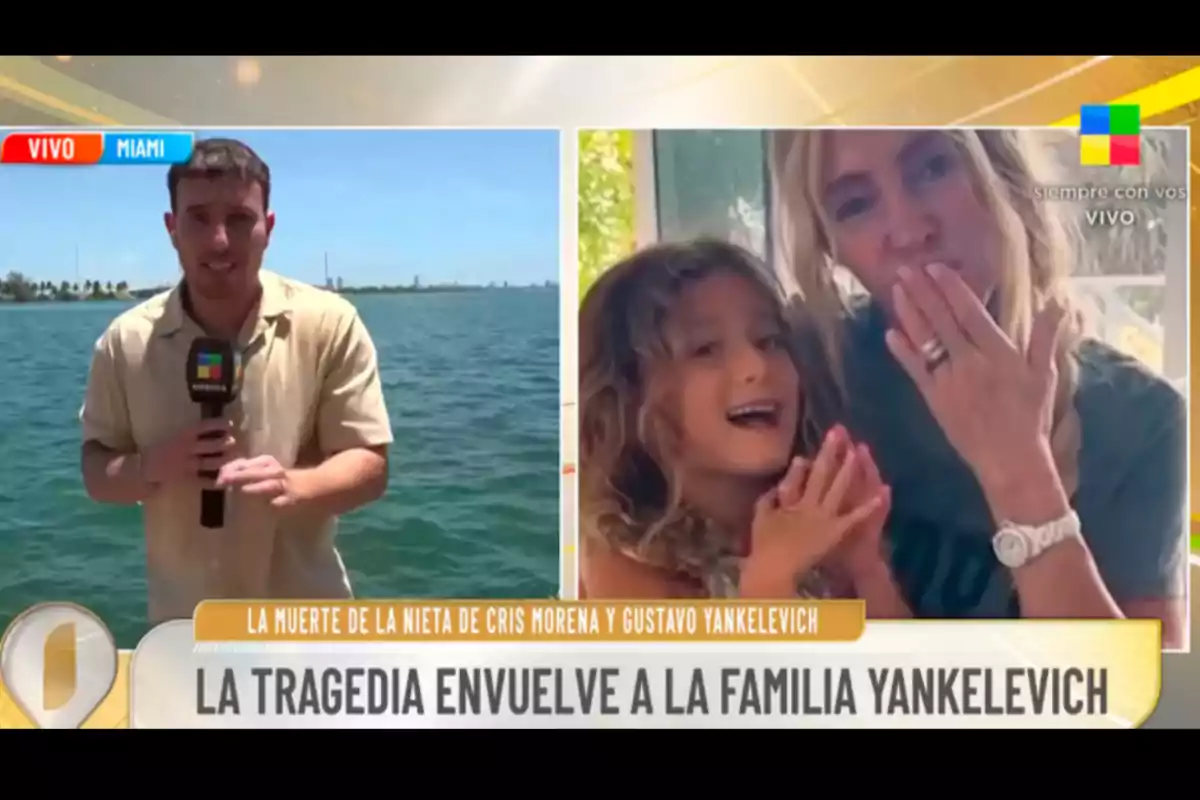 A reporter is broadcasting live from Miami by the sea while, in a split screen, a woman and a girl are shown smiling and blowing kisses, with a headline mentioning a tragedy in the Yankelevich family. A reporter is broadcasting live from Miami by the sea while, in a split screen, a woman and a girl are shown smiling and blowing kisses, with a headline mentioning a tragedy in the Yankelevich family.
