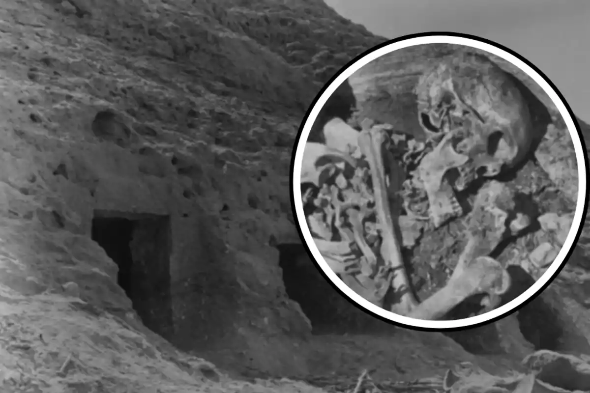 Entrance to an ancient tomb in an earthen hill with an inset showing bones and a human skull inside