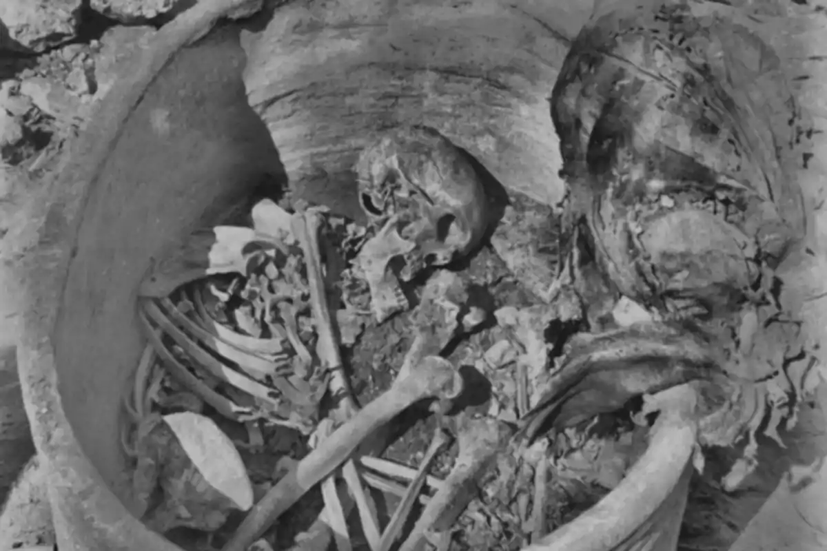 Bone remains and a mummy inside an ancient vessel Bone remains and a mummy inside an ancient vessel