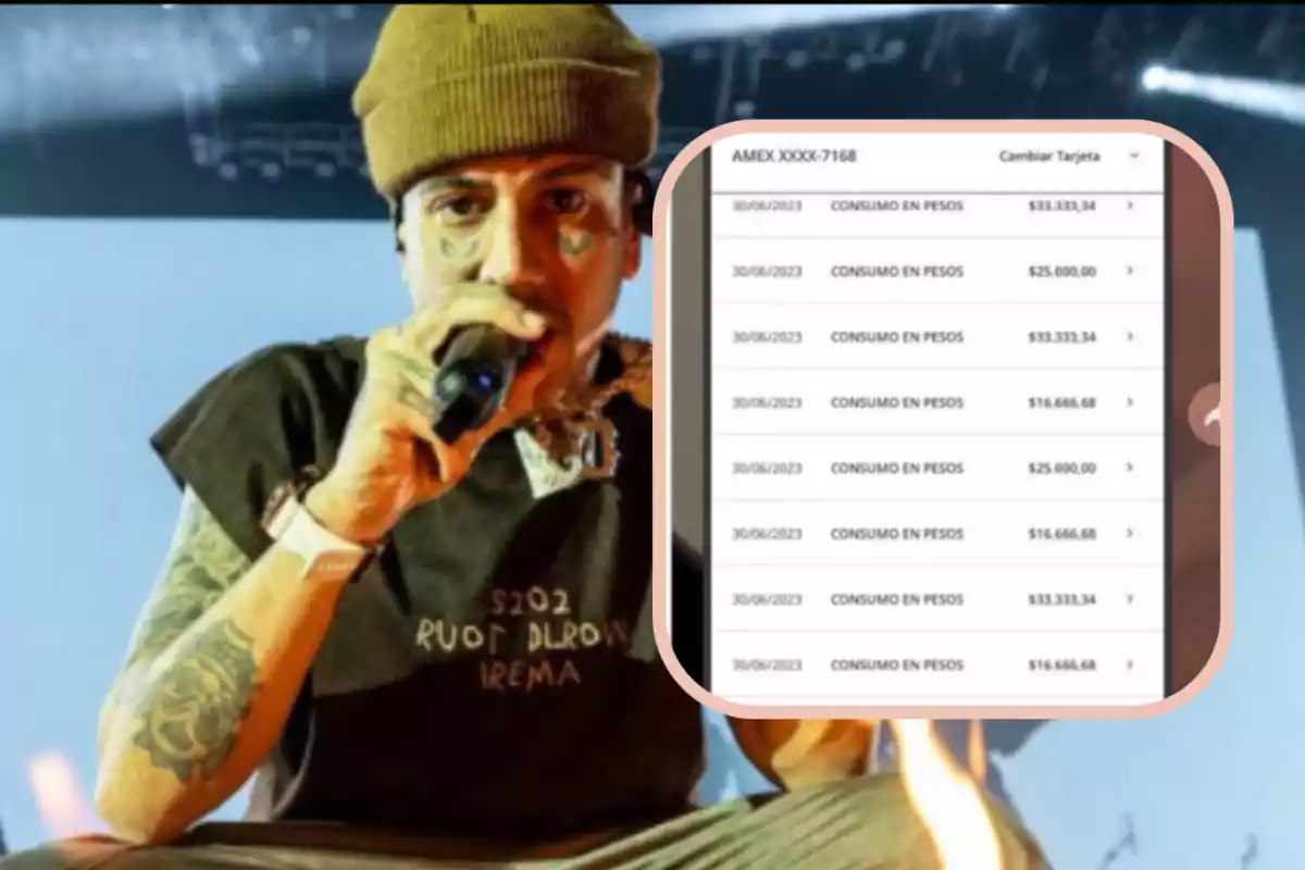 A singer with tattoos on his face holds a microphone while a close-up shows a screenshot of bank transactions with several purchases in pesos.