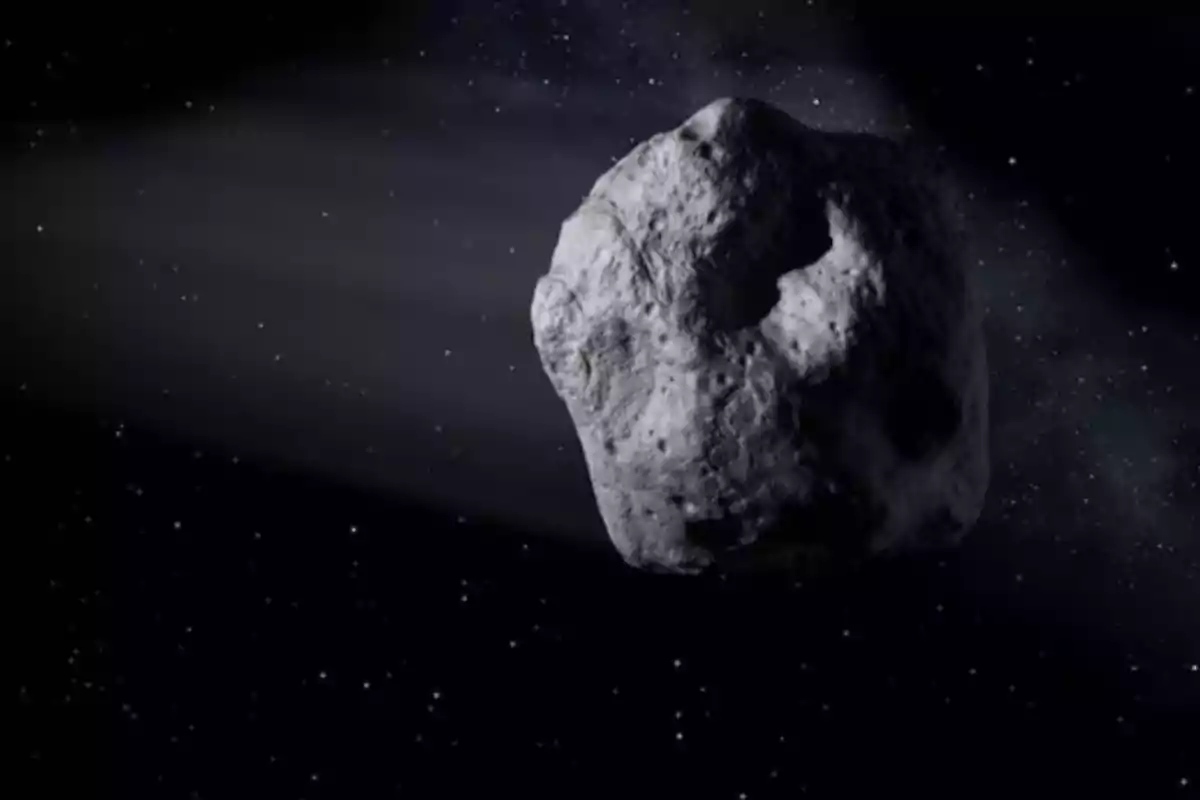 Asteroid traveling through space with a background of stars