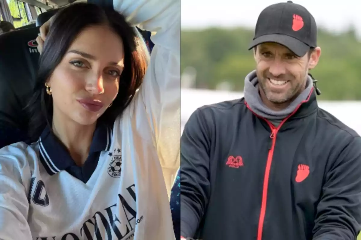 Una mujer de cabello oscuro con una camiseta blanca posa para una selfie mientras un hombre sonriente con gorra y chaqueta deportiva negra aparece al aire libre
