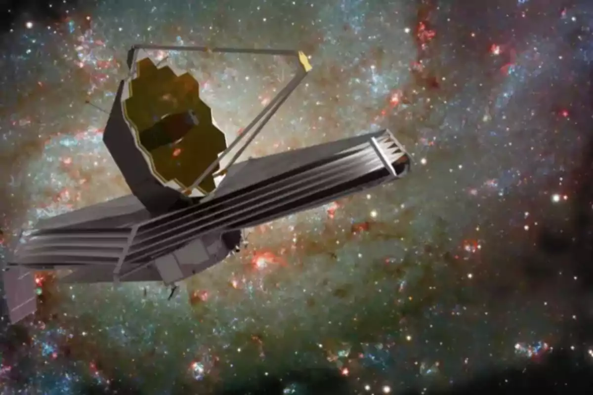 Space telescope with a large golden mirror floating in space against a background of galaxies and stars.