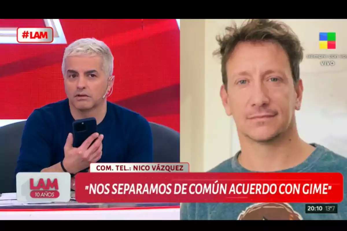 En la imagen se ve a un conductor de televisión sosteniendo un celular durante un programa en vivo, junto a la foto de un hombre y un cintillo rojo con la frase nos separamos de común acuerdo con Gime En la imagen se ve a un conductor de televisión sosteniendo un celular durante un programa en vivo, junto a la foto de un hombre y un cintillo rojo con la frase nos separamos de común acuerdo con Gime