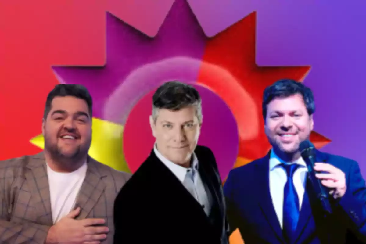 Three men pose smiling in front of a colorful background with a TV channel logo.