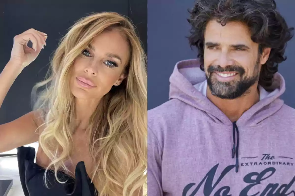 Una mujer rubia con cabello largo y suelto posa frente a la cámara mientras un hombre de cabello rizado y barba sonríe usando una sudadera con capucha