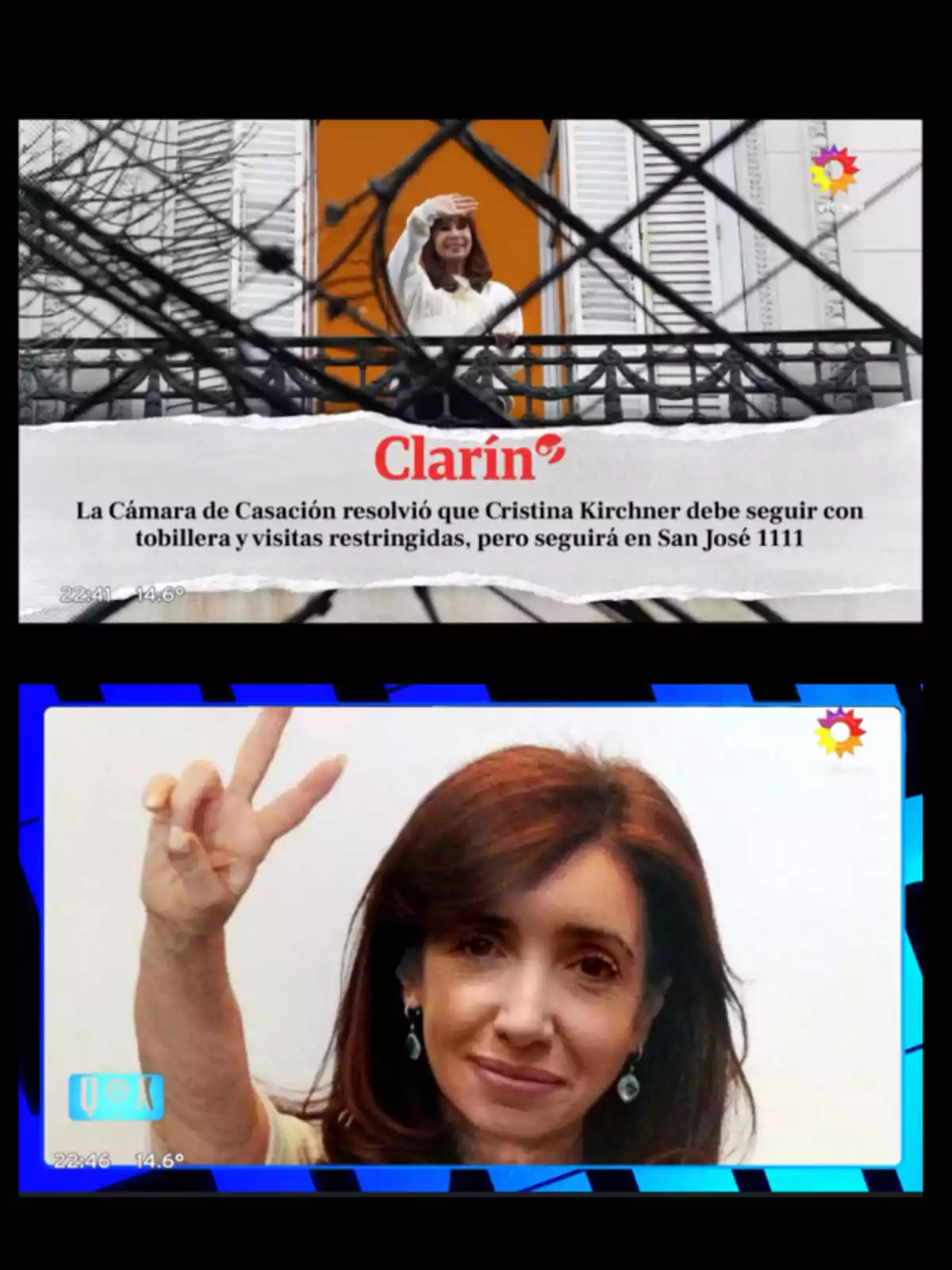 Two images of Cristina Kirchner: in the first, she is waving from a balcony, and in the second, she is making the victory sign with her hand. Both images have television channel logos, and the first one includes a Clarín headline about a court ruling. Two images of Cristina Kirchner: in the first, she is waving from a balcony, and in the second, she is making the victory sign with her hand. Both images have television channel logos, and the first one includes a Clarín headline about a court ruling.