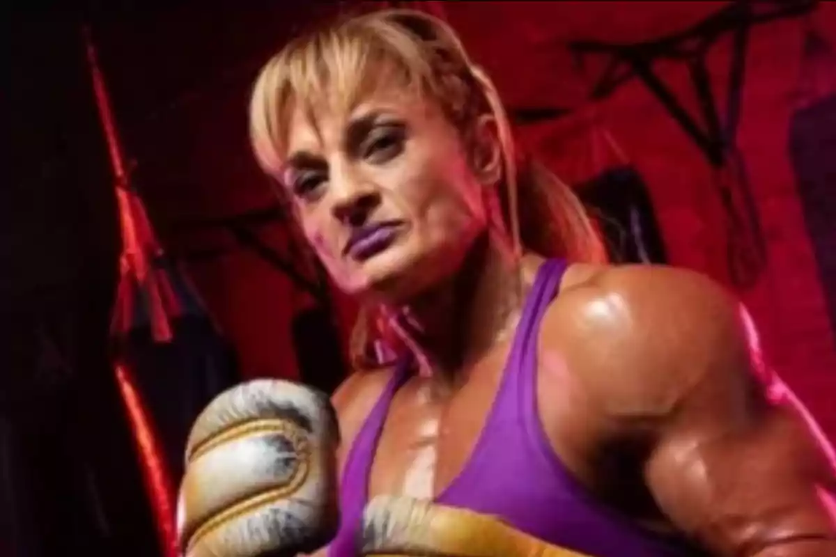 Muscular woman with boxing gloves and a purple top in a gym with red lighting