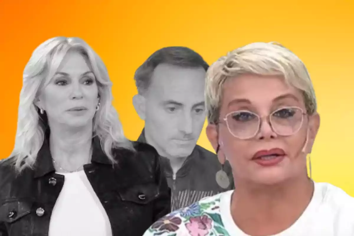 Tres personas en primer plano con fondo degradado naranja, dos de ellas en blanco y negro y una en color usando gafas y micrófono