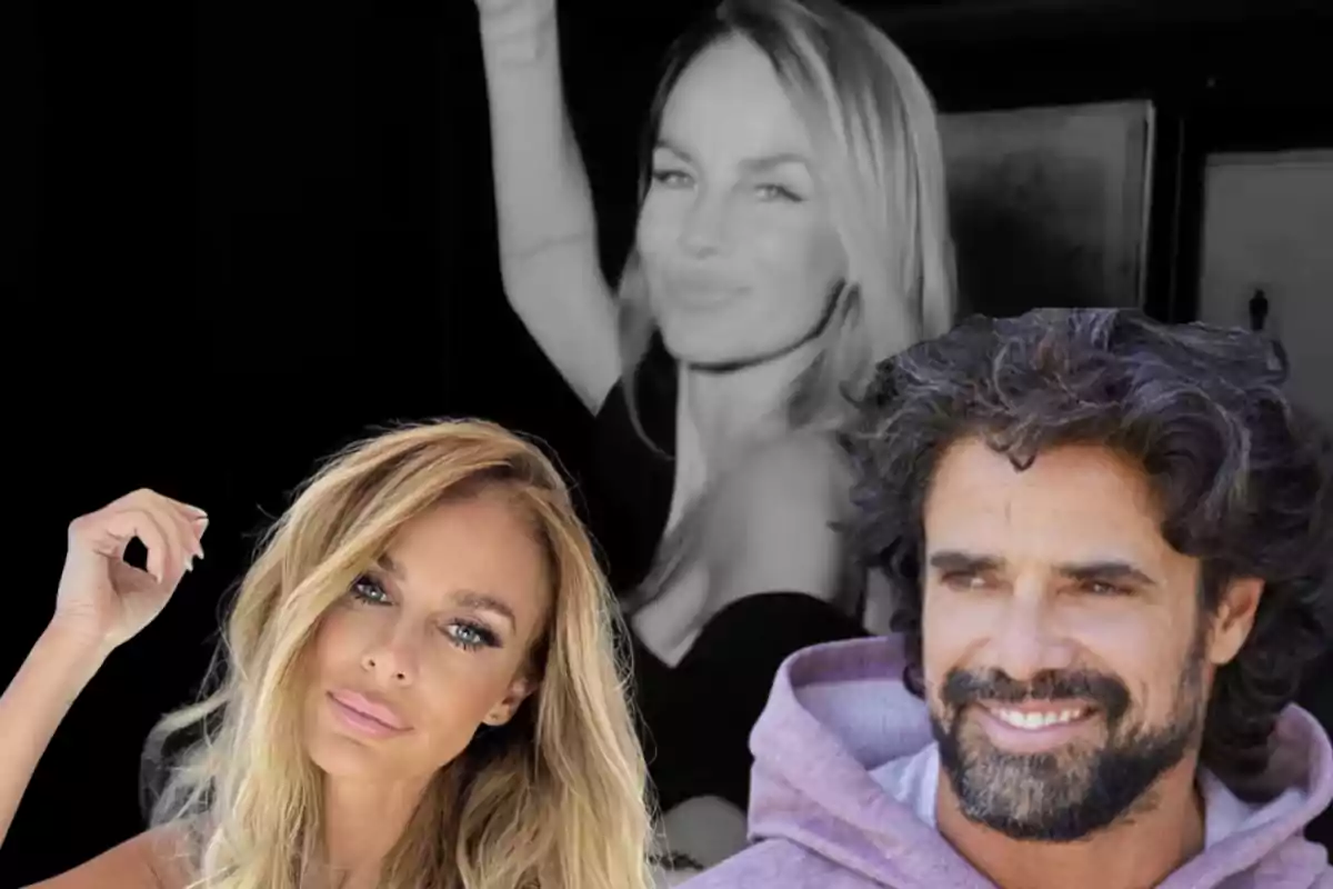 Una mujer rubia y un hombre de cabello oscuro aparecen en primer plano mientras al fondo se ve la imagen en blanco y negro de otra mujer rubia sonriendo