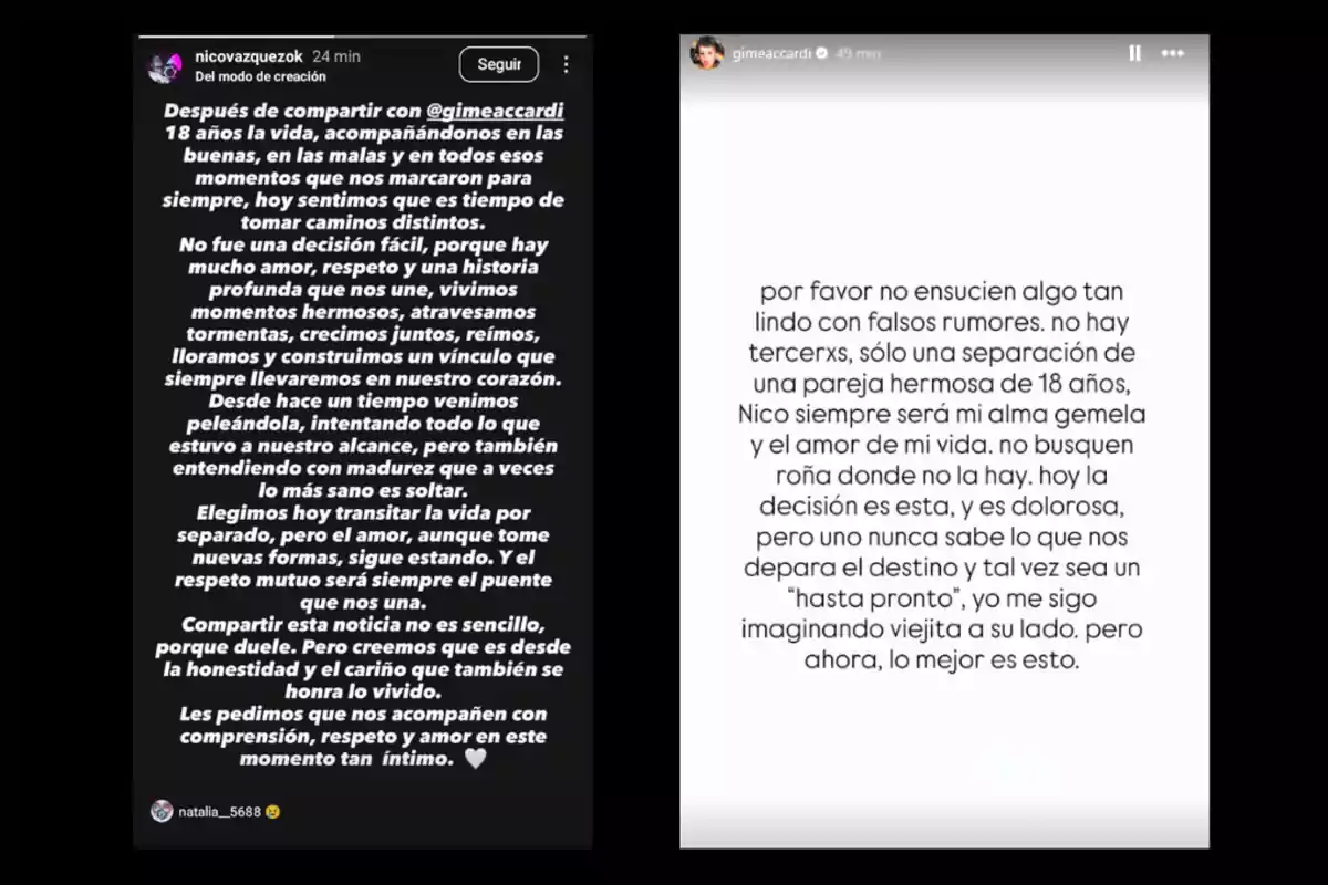 Dos comunicados escritos en redes sociales donde una pareja anuncia su separación tras 18 años juntos, expresando respeto, amor y pidiendo comprensión ante la decisión. Dos comunicados escritos en redes sociales donde una pareja anuncia su separación tras 18 años juntos, expresando respeto, amor y pidiendo comprensión ante la decisión.