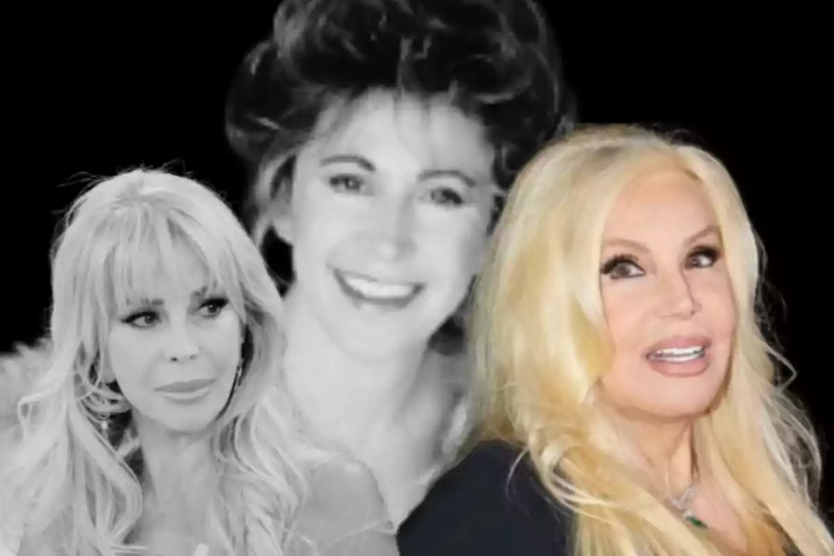 Three blonde women appear in the image, two in the foreground and one in the background in black and white, all with smiling or serene expressions against a black background.