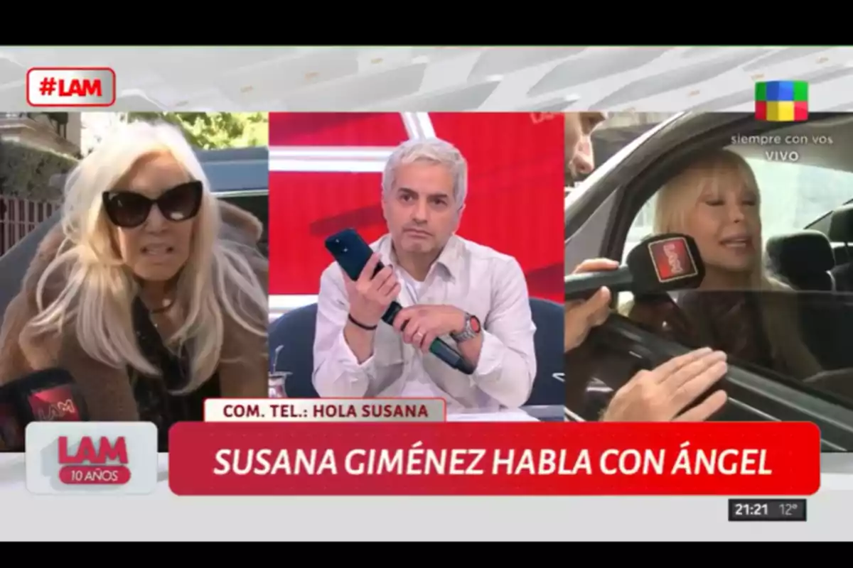 Captura de pantalla del programa LAM mostrando a una mujer rubia con gafas oscuras a la izquierda, un conductor en el centro sosteniendo un teléfono y un micrófono, y otra mujer rubia en un auto a la derecha mientras le acercan un micrófono, con el texto en pantalla que dice Susana Giménez habla con Ángel