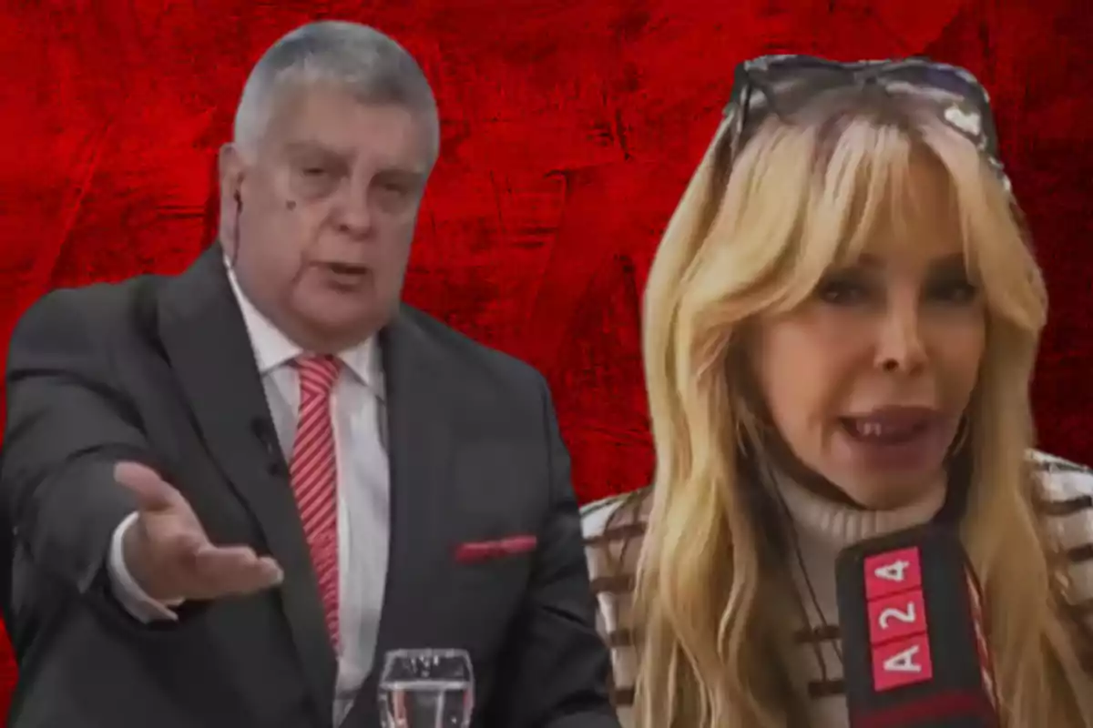 Un hombre de traje y corbata a la izquierda gesticula con la mano mientras una mujer rubia sostiene un micrófono de A24 sobre un fondo rojo