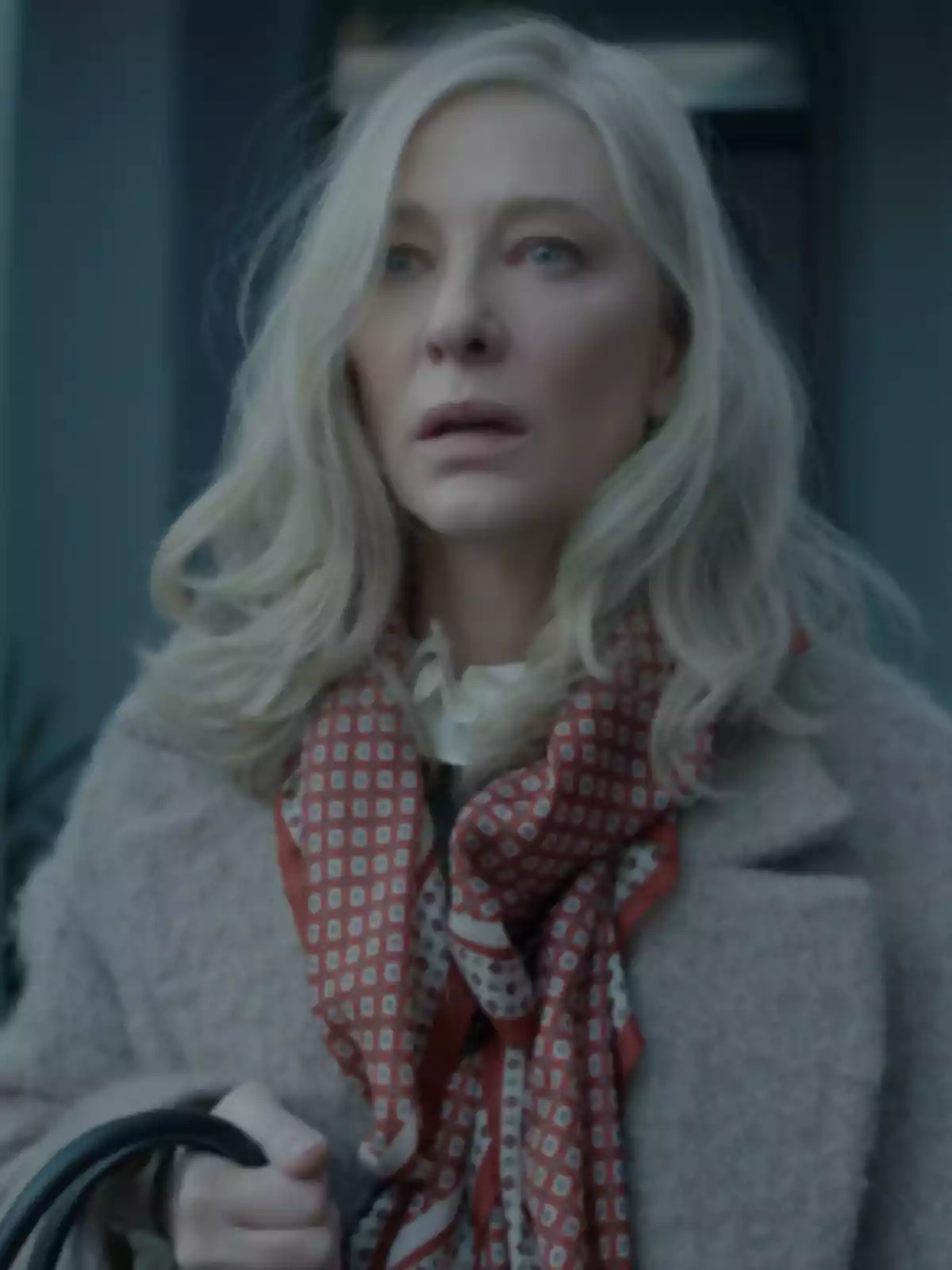 Light blonde-haired woman with a serious expression wearing a gray coat and a red scarf with a geometric pattern Light blonde-haired woman with a serious expression wearing a gray coat and a red scarf with a geometric pattern