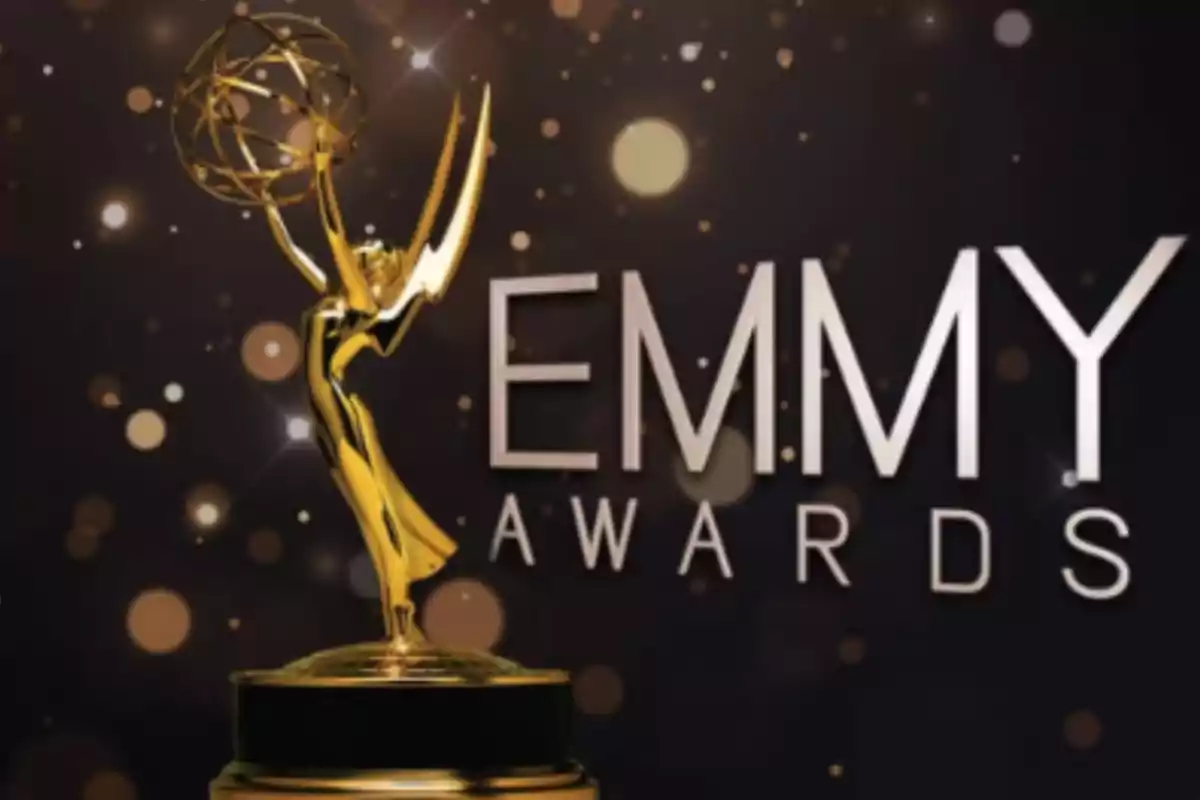 Golden Emmy Award statuette with a dark background and bright lights next to the text Emmy Awards