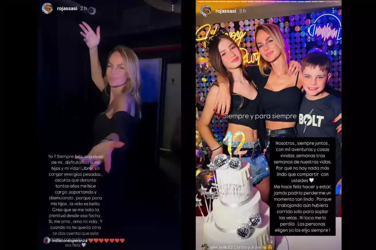 Mujer rubia con vestido negro posando sonriente en una fiesta, en la segunda imagen aparece abrazando a dos niños frente a una mesa con una torta de cumpleaños decorada con el número 12 y bolas plateadas, el fondo tiene luces de colores y decoración festiva