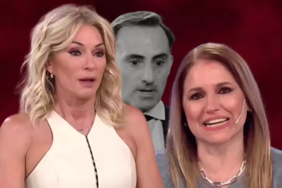 Two women in the foreground with different expressions and a man in black and white in the background against a blurred red backdrop