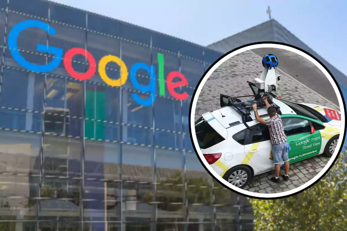 Edificio de Google con un círculo que muestra un coche de Google Maps Street View y una persona revisando el equipo en el techo del vehículo