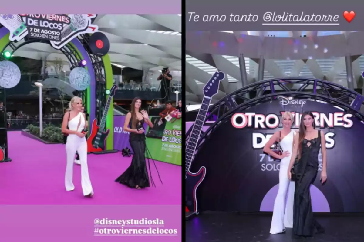 Dos mujeres posan en una alfombra morada durante un evento promocional de Disney, con decoraciones de guitarras y discos, y un letrero de Dos mujeres posan en una alfombra morada durante un evento promocional de Disney, con decoraciones de guitarras y discos, y un letrero de