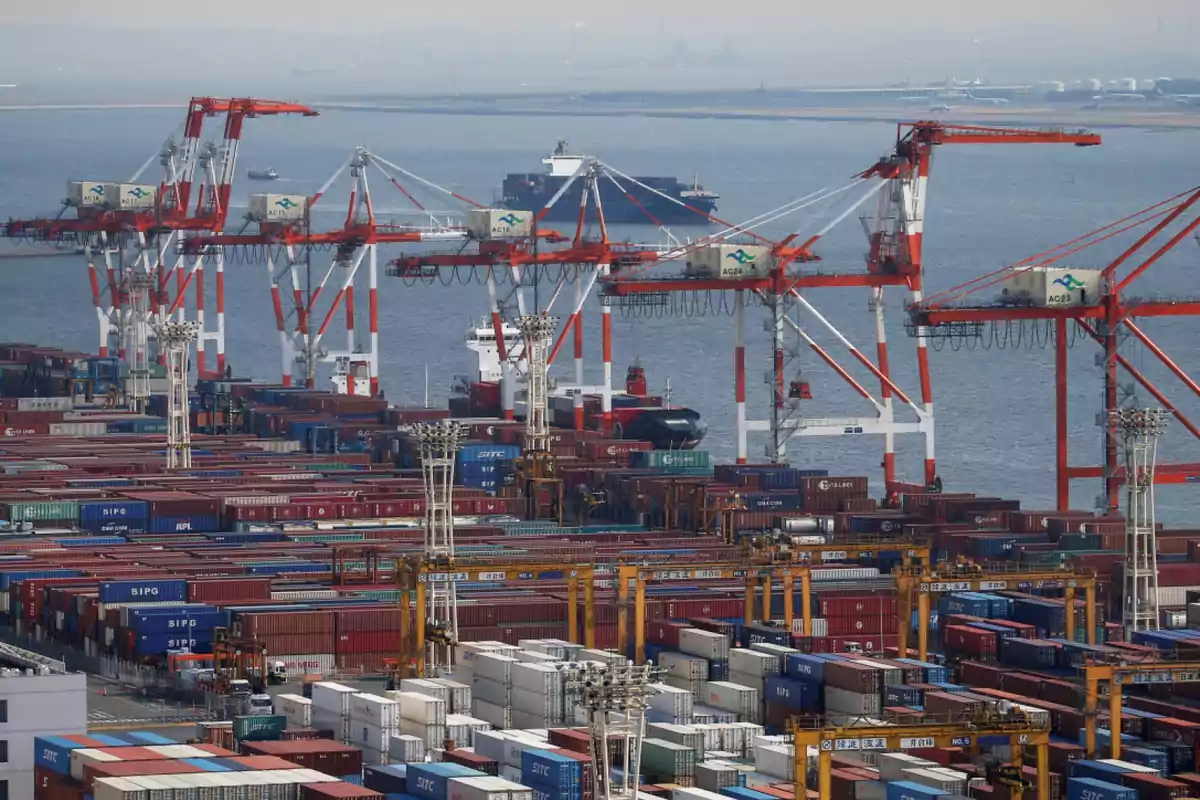 Grúas y contenedores en un puerto marítimo con barcos de carga en el fondo Grúas y contenedores en un puerto marítimo con barcos de carga en el fondo