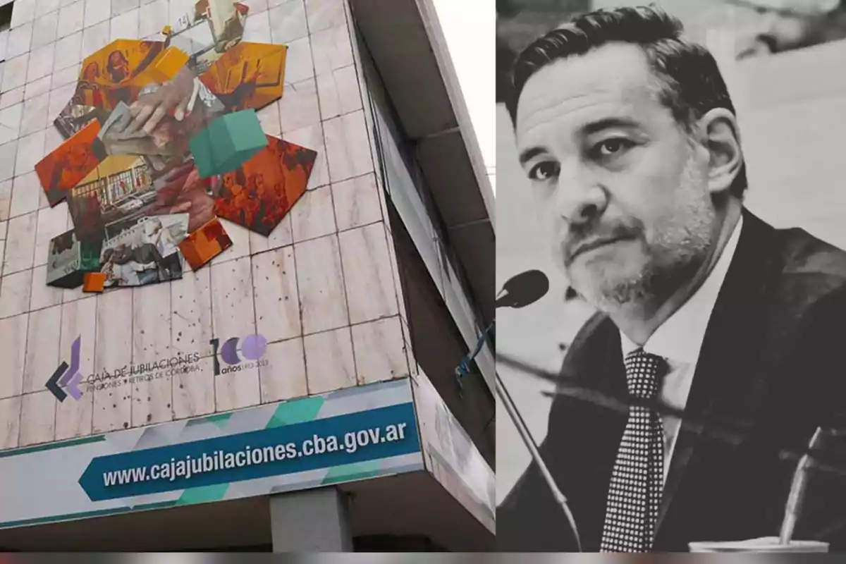 Building of the Córdoba Pension Fund with a colorful mural and a man in a suit speaking in front of a microphone