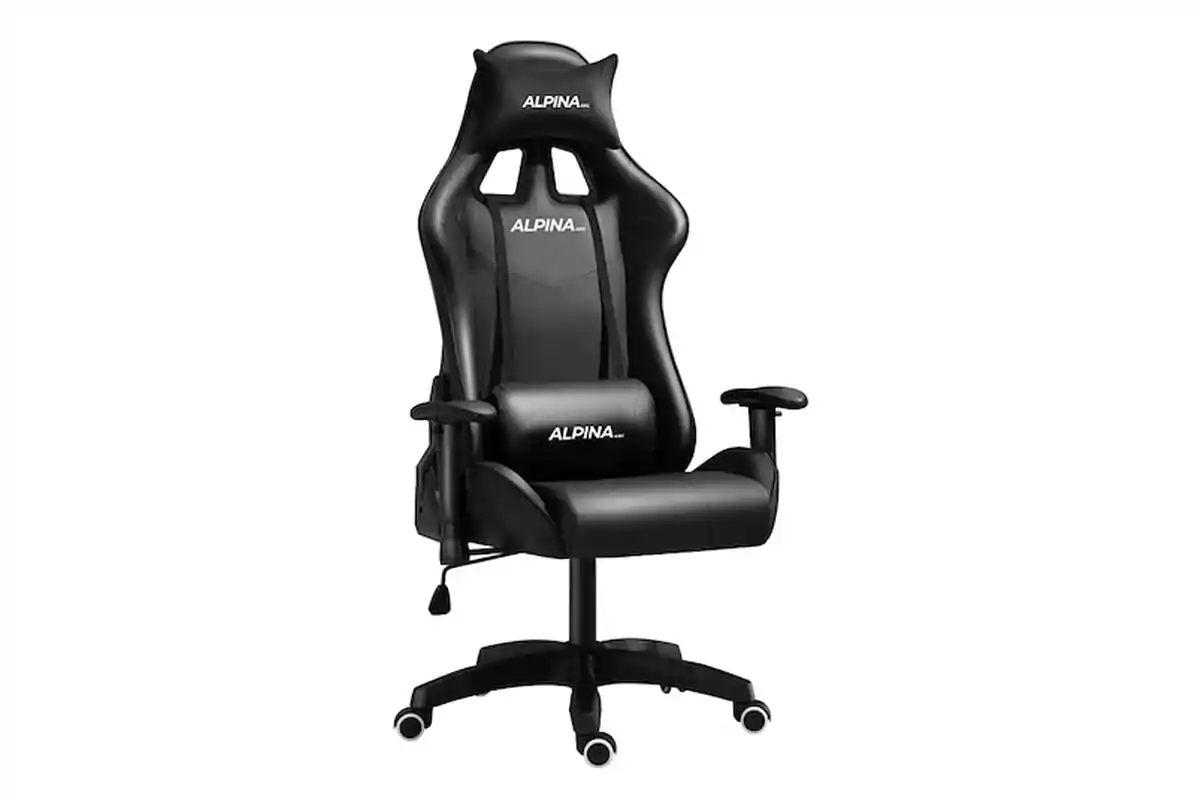 Black gaming chair with lumbar and neck support cushions, Alpina brand, on a white background Black gaming chair with lumbar and neck support cushions, Alpina brand, on a white background