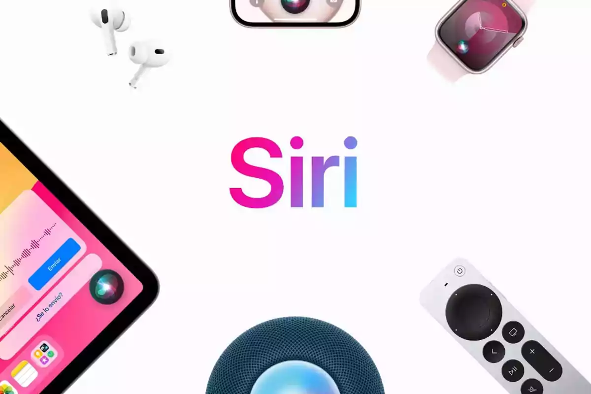 La palabra Siri en el centro rodeada de dispositivos Apple como un iPad, AirPods, iPhone, Apple Watch, HomePod y un control remoto.